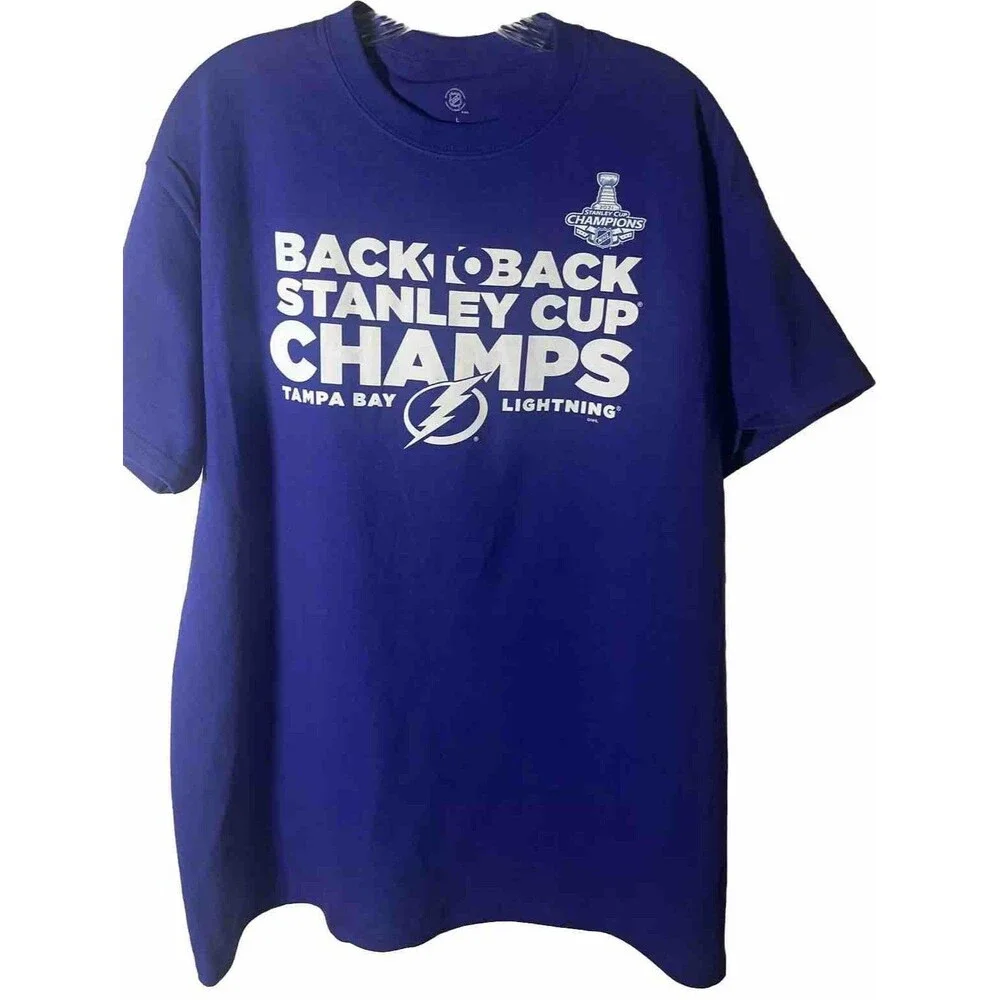 NHL Tampa Bay Lightning Back To Back Stanley Cup Champs 2021 T-shirt Size L